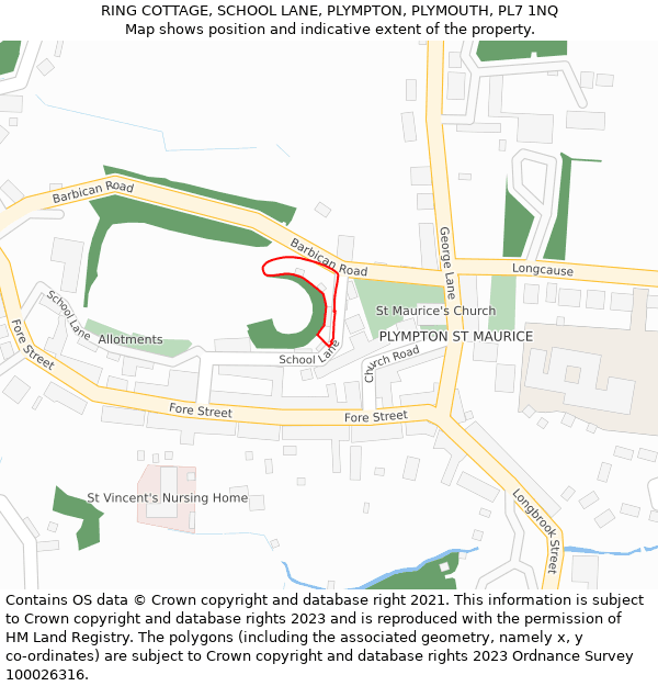 RING COTTAGE, SCHOOL LANE, PLYMPTON, PLYMOUTH, PL7 1NQ: Location map and indicative extent of plot