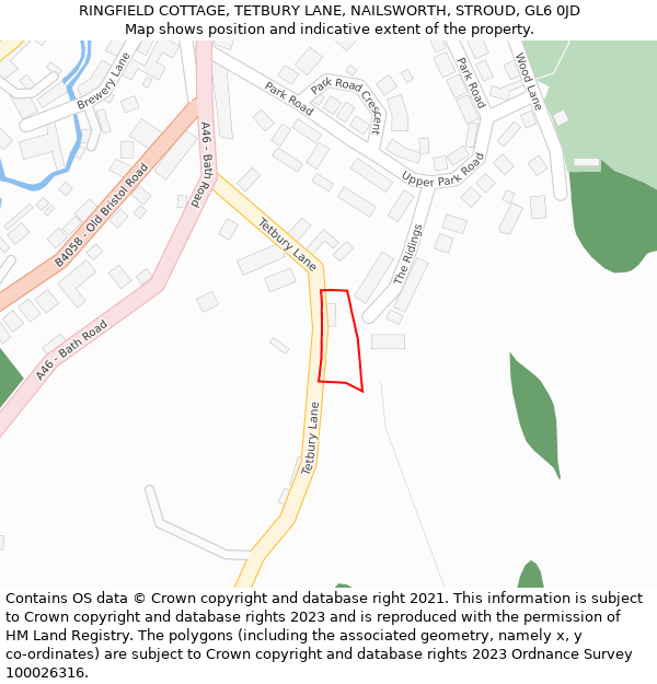 RINGFIELD COTTAGE, TETBURY LANE, NAILSWORTH, STROUD, GL6 0JD: Location map and indicative extent of plot