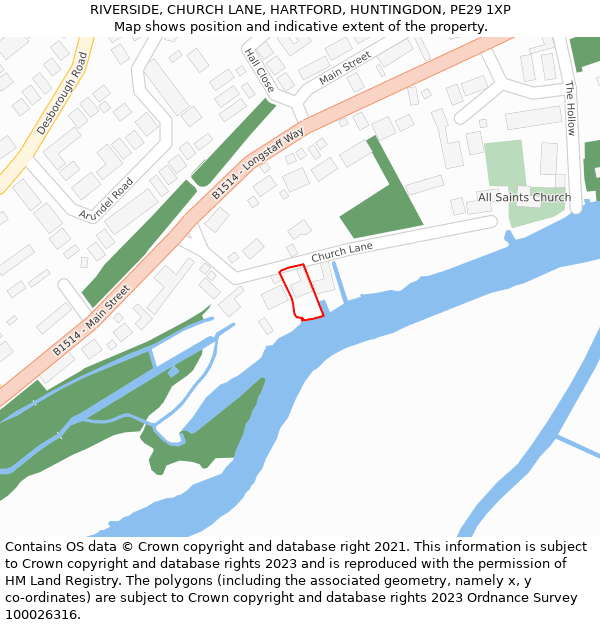 RIVERSIDE, CHURCH LANE, HARTFORD, HUNTINGDON, PE29 1XP: Location map and indicative extent of plot