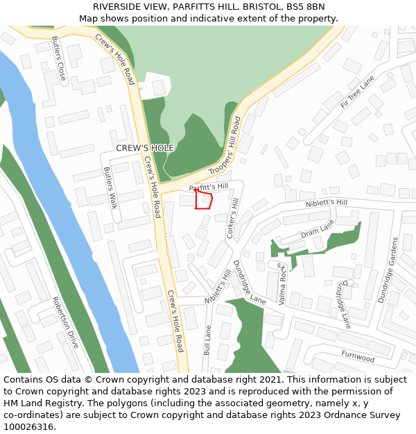 RIVERSIDE VIEW, PARFITTS HILL, BRISTOL, BS5 8BN: Location map and indicative extent of plot