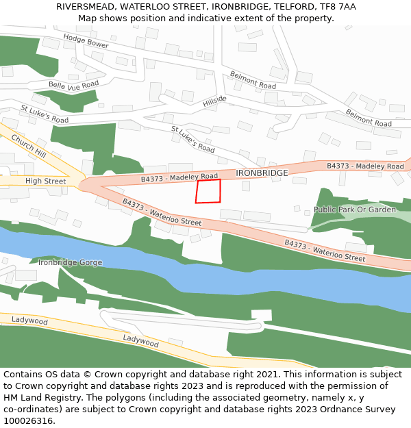 RIVERSMEAD, WATERLOO STREET, IRONBRIDGE, TELFORD, TF8 7AA: Location map and indicative extent of plot