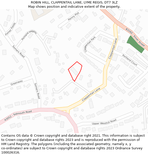 ROBIN HILL, CLAPPENTAIL LANE, LYME REGIS, DT7 3LZ: Location map and indicative extent of plot
