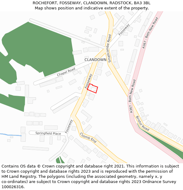 ROCHEFORT, FOSSEWAY, CLANDOWN, RADSTOCK, BA3 3BL: Location map and indicative extent of plot