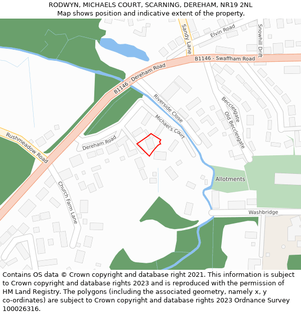RODWYN, MICHAELS COURT, SCARNING, DEREHAM, NR19 2NL: Location map and indicative extent of plot