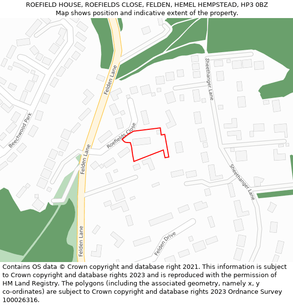 ROEFIELD HOUSE, ROEFIELDS CLOSE, FELDEN, HEMEL HEMPSTEAD, HP3 0BZ: Location map and indicative extent of plot