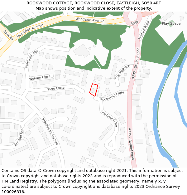 ROOKWOOD COTTAGE, ROOKWOOD CLOSE, EASTLEIGH, SO50 4RT: Location map and indicative extent of plot