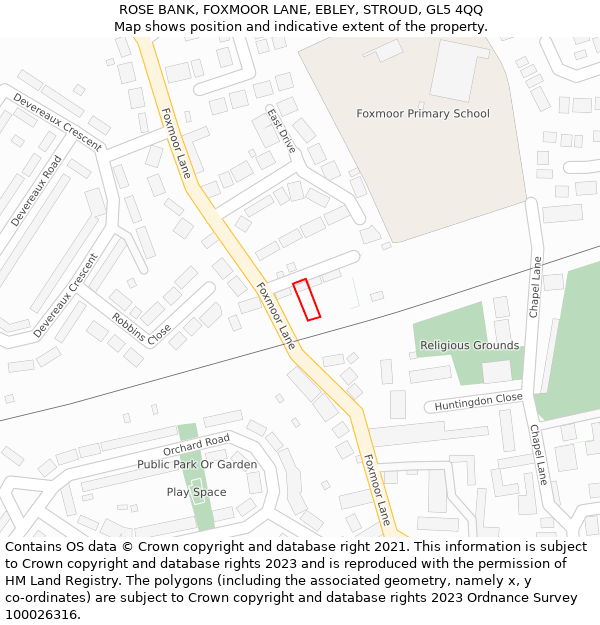 ROSE BANK, FOXMOOR LANE, EBLEY, STROUD, GL5 4QQ: Location map and indicative extent of plot