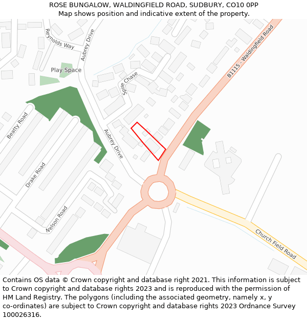 ROSE BUNGALOW, WALDINGFIELD ROAD, SUDBURY, CO10 0PP: Location map and indicative extent of plot