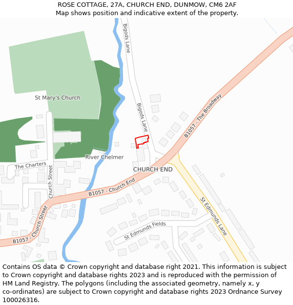 ROSE COTTAGE, 27A, CHURCH END, DUNMOW, CM6 2AF: Location map and indicative extent of plot