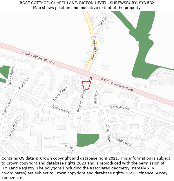 ROSE COTTAGE, CHAPEL LANE, BICTON HEATH, SHREWSBURY, SY3 5BX: Location map and indicative extent of plot