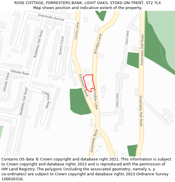 ROSE COTTAGE, FORRESTERS BANK, LIGHT OAKS, STOKE-ON-TRENT, ST2 7LX: Location map and indicative extent of plot