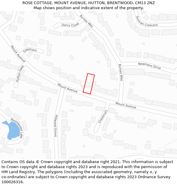 ROSE COTTAGE, MOUNT AVENUE, HUTTON, BRENTWOOD, CM13 2NZ: Location map and indicative extent of plot