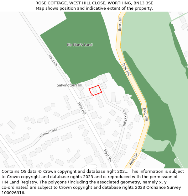 ROSE COTTAGE, WEST HILL CLOSE, WORTHING, BN13 3SE: Location map and indicative extent of plot