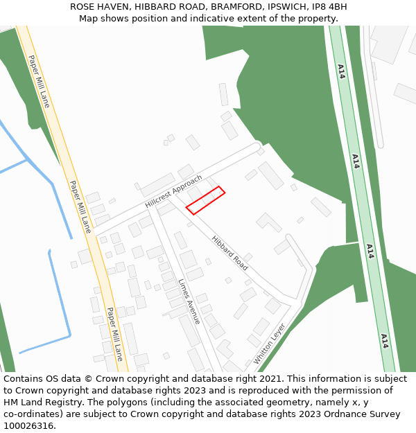 ROSE HAVEN, HIBBARD ROAD, BRAMFORD, IPSWICH, IP8 4BH: Location map and indicative extent of plot