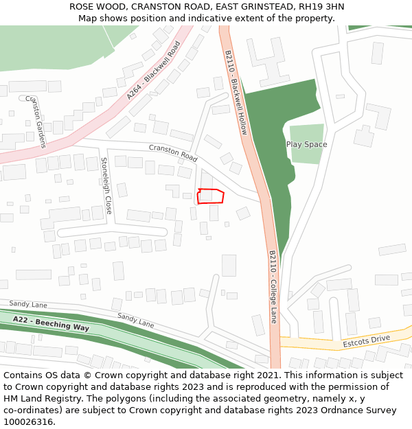 ROSE WOOD, CRANSTON ROAD, EAST GRINSTEAD, RH19 3HN: Location map and indicative extent of plot