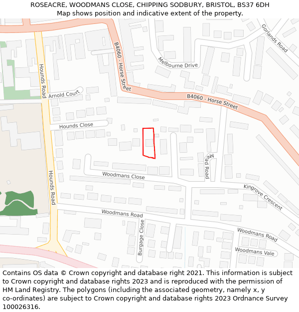 ROSEACRE, WOODMANS CLOSE, CHIPPING SODBURY, BRISTOL, BS37 6DH: Location map and indicative extent of plot