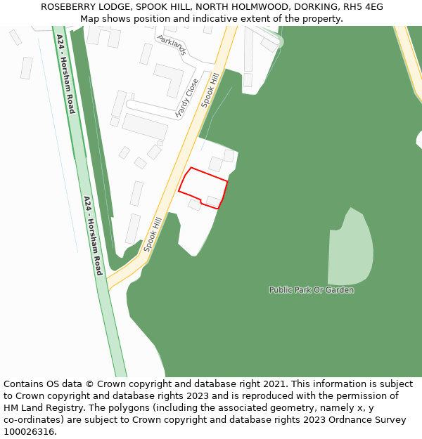 ROSEBERRY LODGE, SPOOK HILL, NORTH HOLMWOOD, DORKING, RH5 4EG: Location map and indicative extent of plot
