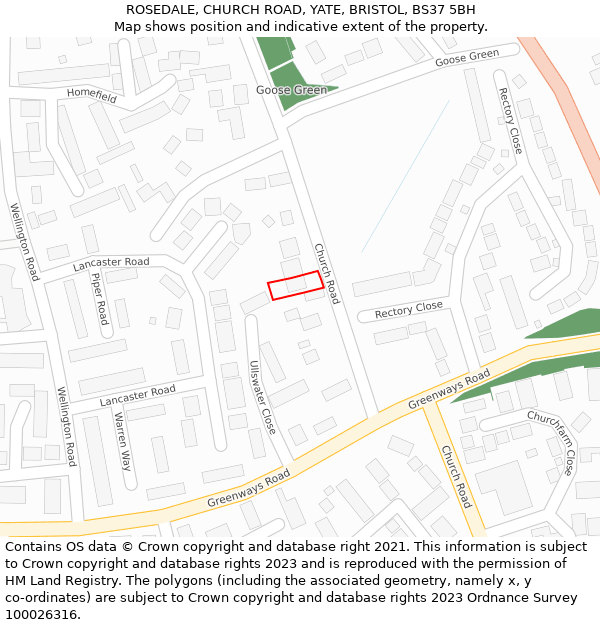 ROSEDALE, CHURCH ROAD, YATE, BRISTOL, BS37 5BH: Location map and indicative extent of plot