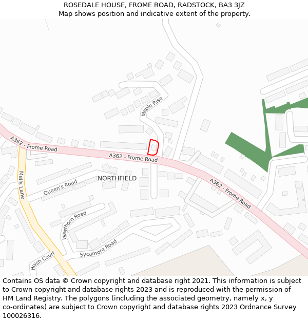 ROSEDALE HOUSE, FROME ROAD, RADSTOCK, BA3 3JZ: Location map and indicative extent of plot