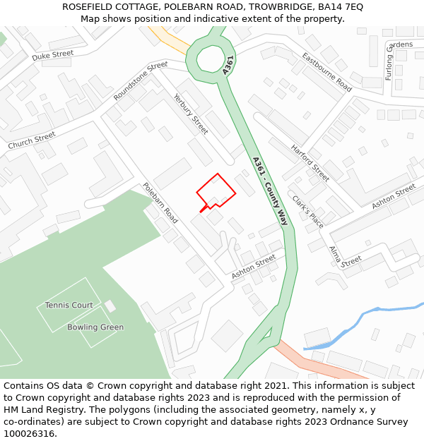 ROSEFIELD COTTAGE, POLEBARN ROAD, TROWBRIDGE, BA14 7EQ: Location map and indicative extent of plot