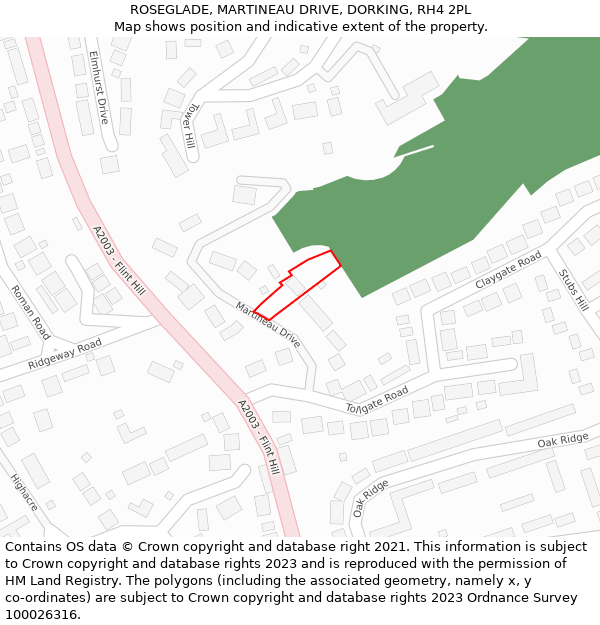 ROSEGLADE, MARTINEAU DRIVE, DORKING, RH4 2PL: Location map and indicative extent of plot