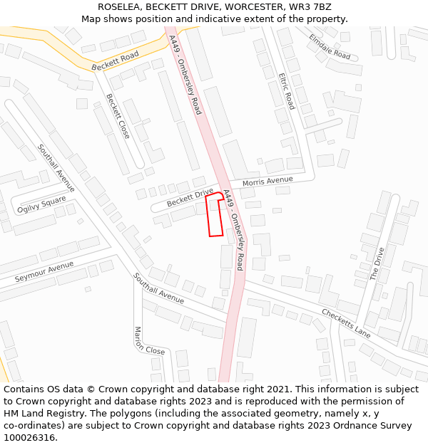 ROSELEA, BECKETT DRIVE, WORCESTER, WR3 7BZ: Location map and indicative extent of plot