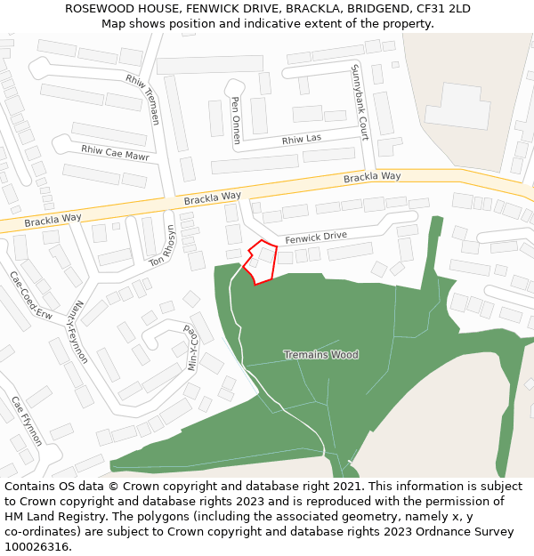 ROSEWOOD HOUSE, FENWICK DRIVE, BRACKLA, BRIDGEND, CF31 2LD: Location map and indicative extent of plot