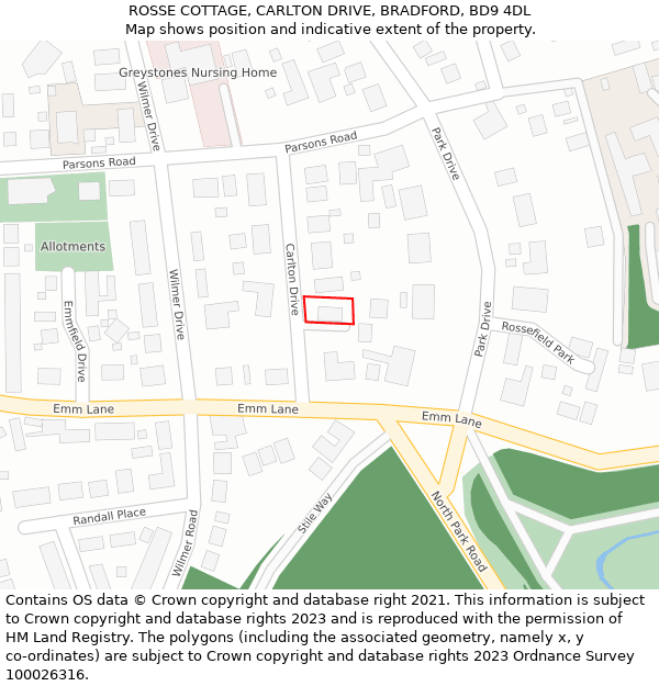 ROSSE COTTAGE, CARLTON DRIVE, BRADFORD, BD9 4DL: Location map and indicative extent of plot