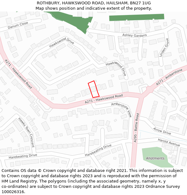 ROTHBURY, HAWKSWOOD ROAD, HAILSHAM, BN27 1UG: Location map and indicative extent of plot