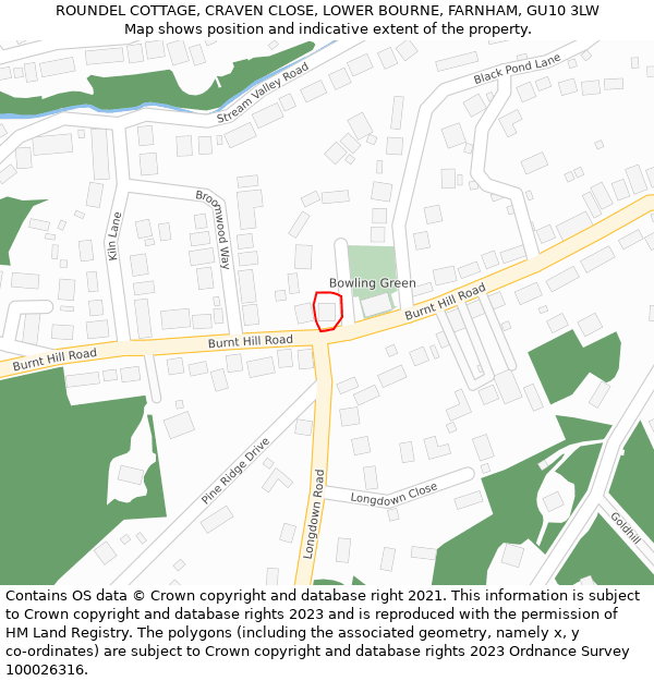 ROUNDEL COTTAGE, CRAVEN CLOSE, LOWER BOURNE, FARNHAM, GU10 3LW: Location map and indicative extent of plot