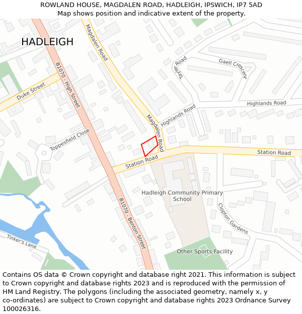 ROWLAND HOUSE, MAGDALEN ROAD, HADLEIGH, IPSWICH, IP7 5AD: Location map and indicative extent of plot