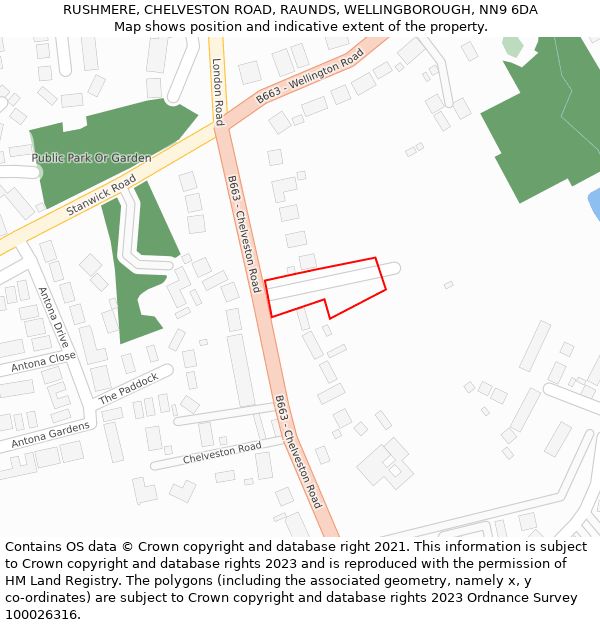 RUSHMERE, CHELVESTON ROAD, RAUNDS, WELLINGBOROUGH, NN9 6DA: Location map and indicative extent of plot