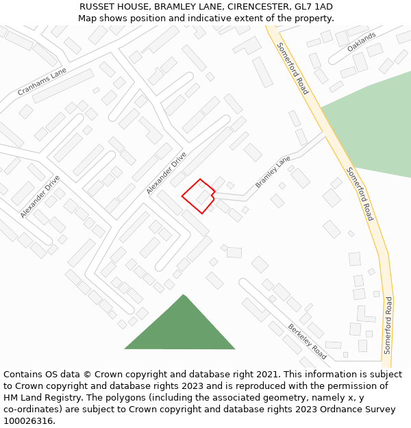 RUSSET HOUSE, BRAMLEY LANE, CIRENCESTER, GL7 1AD: Location map and indicative extent of plot