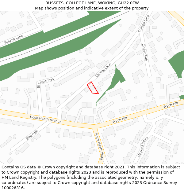 RUSSETS, COLLEGE LANE, WOKING, GU22 0EW: Location map and indicative extent of plot