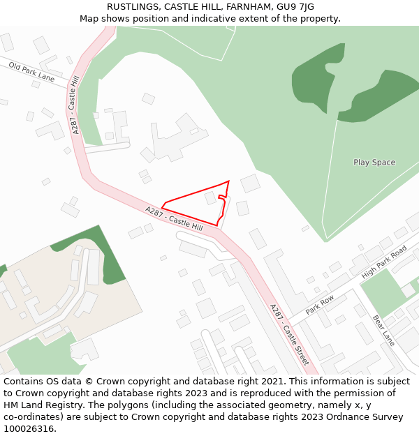 RUSTLINGS, CASTLE HILL, FARNHAM, GU9 7JG: Location map and indicative extent of plot