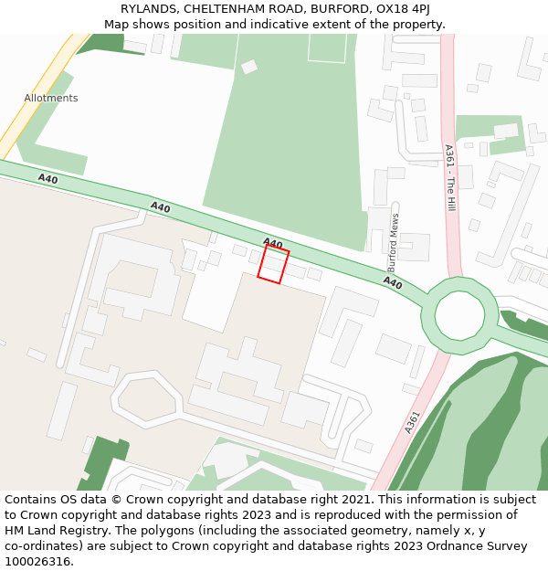 RYLANDS, CHELTENHAM ROAD, BURFORD, OX18 4PJ: Location map and indicative extent of plot