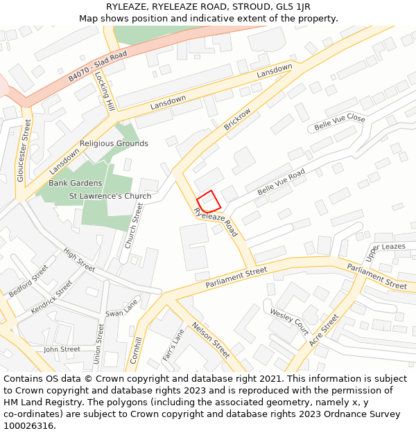 RYLEAZE, RYELEAZE ROAD, STROUD, GL5 1JR: Location map and indicative extent of plot