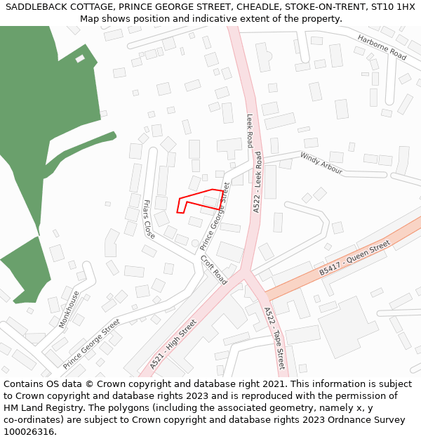 SADDLEBACK COTTAGE, PRINCE GEORGE STREET, CHEADLE, STOKE-ON-TRENT, ST10 1HX: Location map and indicative extent of plot