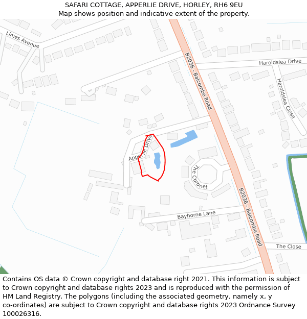 SAFARI COTTAGE, APPERLIE DRIVE, HORLEY, RH6 9EU: Location map and indicative extent of plot