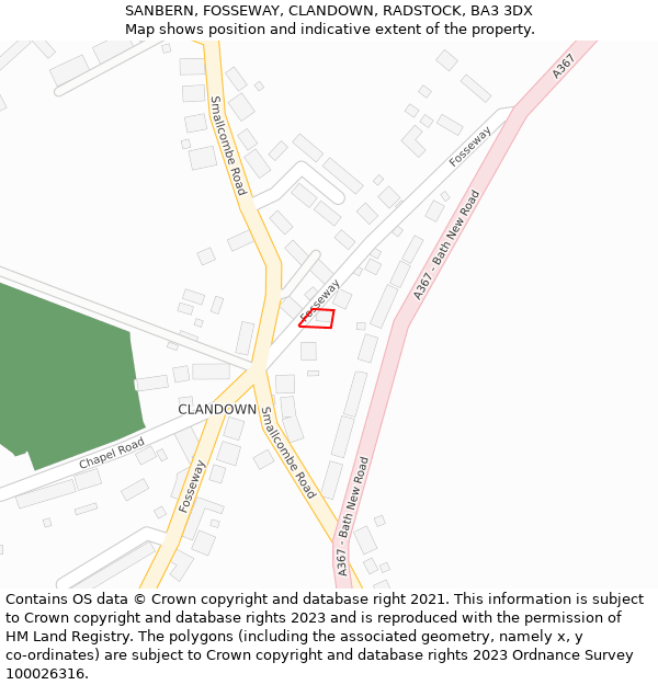SANBERN, FOSSEWAY, CLANDOWN, RADSTOCK, BA3 3DX: Location map and indicative extent of plot