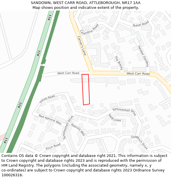 SANDOWN, WEST CARR ROAD, ATTLEBOROUGH, NR17 1AA: Location map and indicative extent of plot