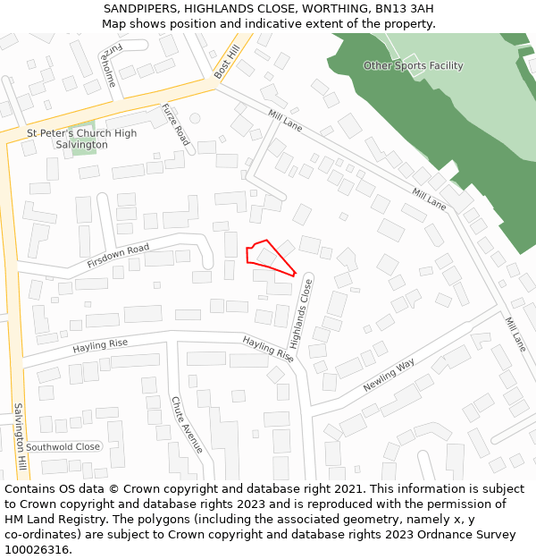 SANDPIPERS, HIGHLANDS CLOSE, WORTHING, BN13 3AH: Location map and indicative extent of plot