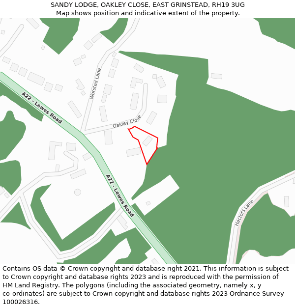 SANDY LODGE, OAKLEY CLOSE, EAST GRINSTEAD, RH19 3UG: Location map and indicative extent of plot