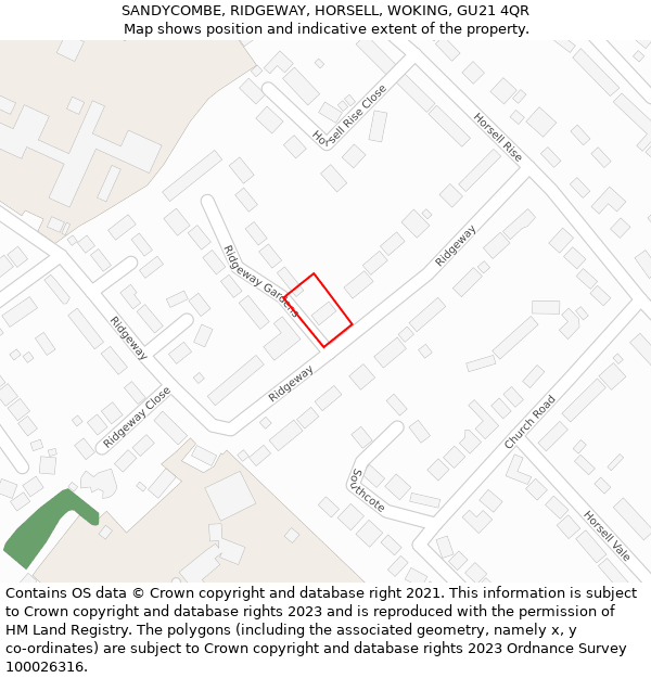 SANDYCOMBE, RIDGEWAY, HORSELL, WOKING, GU21 4QR: Location map and indicative extent of plot