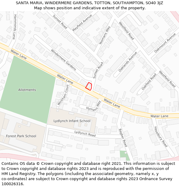 SANTA MARIA, WINDERMERE GARDENS, TOTTON, SOUTHAMPTON, SO40 3JZ: Location map and indicative extent of plot