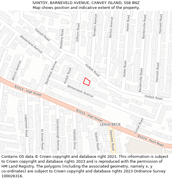 SANTOY, BARNEVELD AVENUE, CANVEY ISLAND, SS8 8NZ: Location map and indicative extent of plot