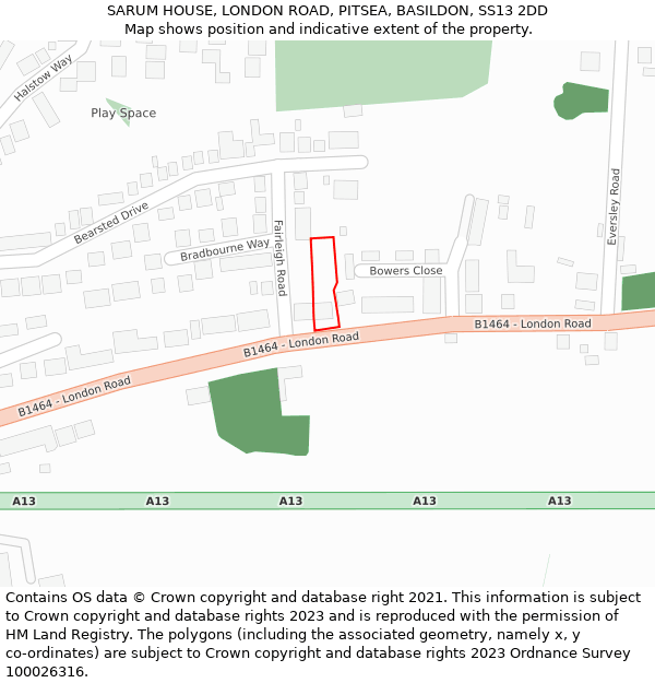 SARUM HOUSE, LONDON ROAD, PITSEA, BASILDON, SS13 2DD: Location map and indicative extent of plot