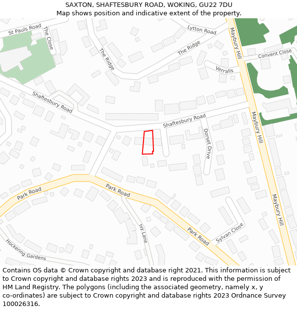 SAXTON, SHAFTESBURY ROAD, WOKING, GU22 7DU: Location map and indicative extent of plot