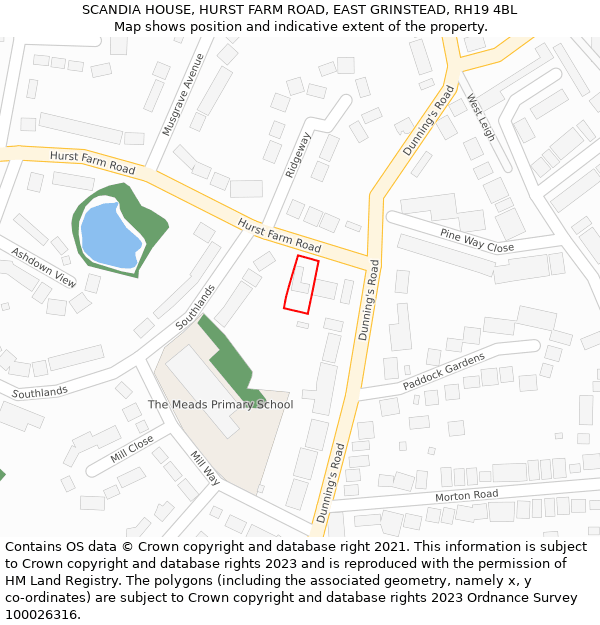 SCANDIA HOUSE, HURST FARM ROAD, EAST GRINSTEAD, RH19 4BL: Location map and indicative extent of plot