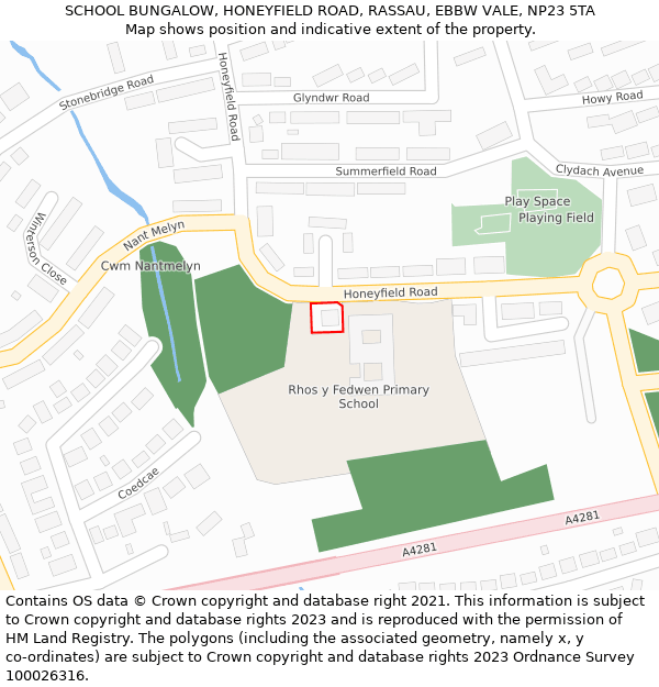 SCHOOL BUNGALOW, HONEYFIELD ROAD, RASSAU, EBBW VALE, NP23 5TA: Location map and indicative extent of plot